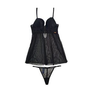 Rachel Roy Black Sheer Lace Babydoll Lingerie Set, Size M.